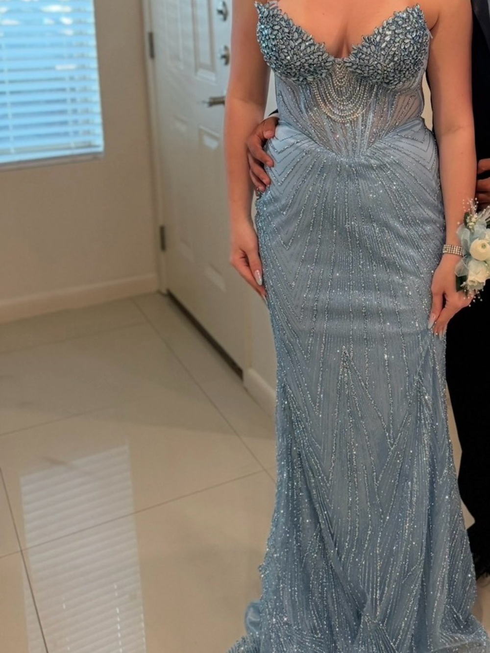 Elegant Light Blue Beaded Evening Gown